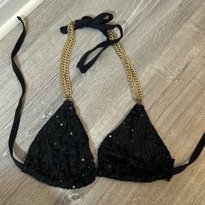Beach bunny, black swimsuit sparkle top with gold chains size large